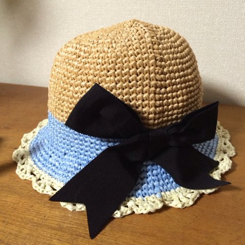 SALE10%OFF手編み帽子(水色リボンレース)