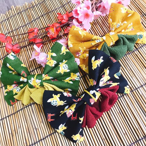 お稲荷さん柄　リボン　ヘアアクセサリー　バレッタ　ヘアゴム　Fox Pattern Ribbon Hair Accessory Barrette Hair Elastic