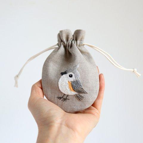 【野鳥図鑑シリーズ】エボシガラさんの刺繍リネンミニ巾着