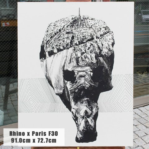 Rhino x Paris 手描き キャンバス モノクロアート F30号 (909mm×727mm)  玄関 リビング ダイニング 寝室 