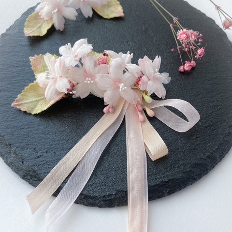 桜のリボンバレッタ ：春新作 ウェディング 結婚式 ブライダル さくら サクラ 春色 ピンク
