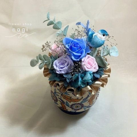 【アンティーク紫陽花のbirdアレンジ(Blue)】プリザーブドフラワー