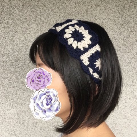 バイカラーお花モチーフのヘアバンド/ヘアターバン