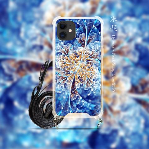 氷花 - 和風 ネックストラップ付ショルダーiPhoneケース【首掛け/スリング/クロスボディ/和柄/スマホケース】