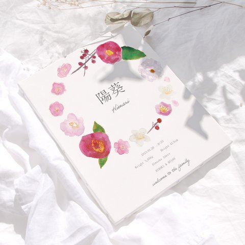 キャンバス 命名書 椿と梅の花の水彩イラスト 