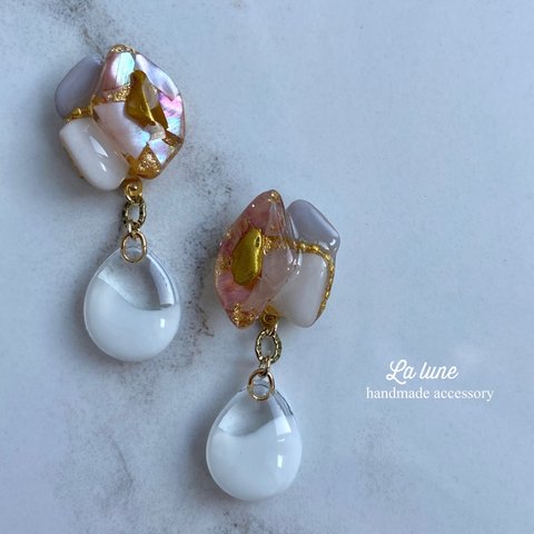 ピンクシェル♡ shell Parfait× white clear mini drop ピアス　イヤリング