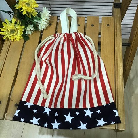 ⭐️本日のお買い得⭐️ 【再9】ストライプ＆星29×26❤️持ち手付き巾着⭐️体操着袋、オムツ入れ、オモチャ入れなどに⭐️レッスンバッグオーダーできます