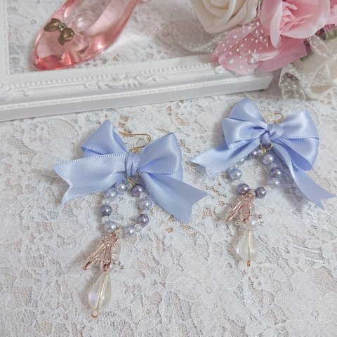 シンデレラ💎 Ribbon🎀 トゥシューズ バレエシューズ 王冠 クラウン👑 ローズクォーツ 推し ラブリー ガーリー  耳飾り ピアス/イヤリング