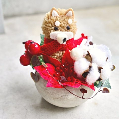 かわいい柴犬とコットンのクリスマスアレンジメント 送料無料 雑貨 ギフト 造花 しば シバ 犬 ポインセチア 愛犬家