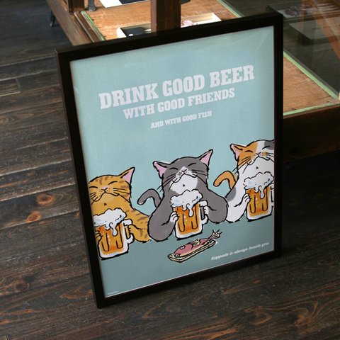 ポスター　猫がビールで乾杯