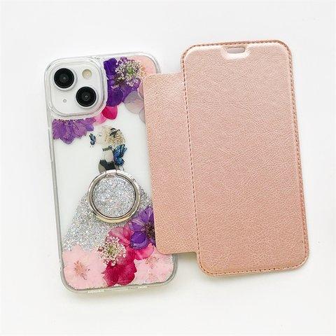 お姫様ドレス 押し花 選べる5色 手帳型スマホケース iPhoneケース iPhone14Pro/13Pro/12Pro/SE/11Pro/XR/XS/8/7