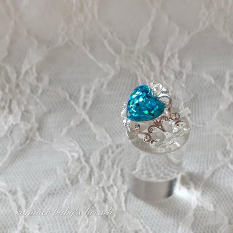 再販4♡lamé jewel heart blue♡silver 透かしパーツのリング