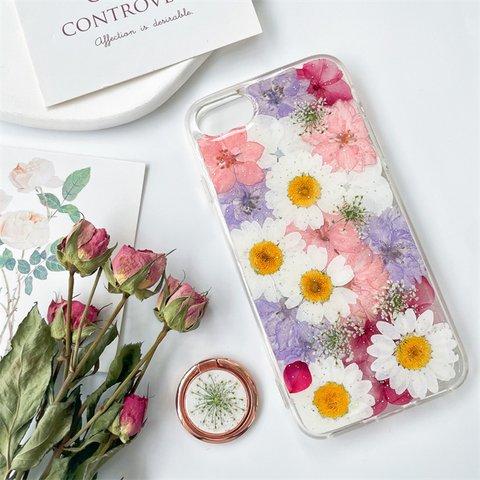 紫陽花と千鳥草、押し花スマホケース、全機種対応、手帳型、四隅にショルダーホール、iPhone15、iPhone14、iPhone15Pro、iPhone14Pro 、GooglePixel