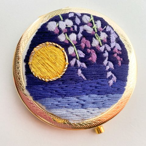 藤の花と夜　手刺繍のコンパクトミラー