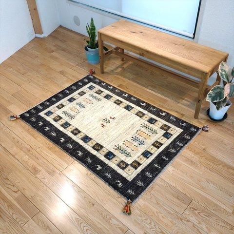 新規入荷】ペルシャ ギャッベ　玄関マット大　125x83cm　グレー　ベージュ　生命の木