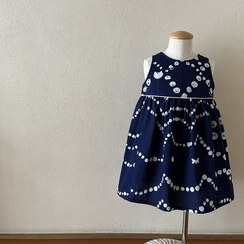 子供　浴衣地ひかえめフレアーワンピース　tsumori chisato　紺白ネコ　80～130〈受注製作〉