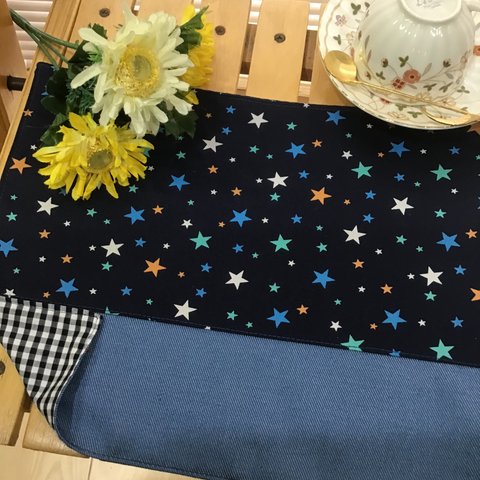 【再6】キラキラ星＆デニム裏地付❤️25×30⭐️25×35❤️両面可愛いランチョンマット⭐️お名前タグサービス⭐️