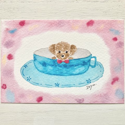 🐶「コーヒーカップわんちゃん(ピンク) 」 水彩画イラストポストカード２枚セット トイプードル　犬🐶