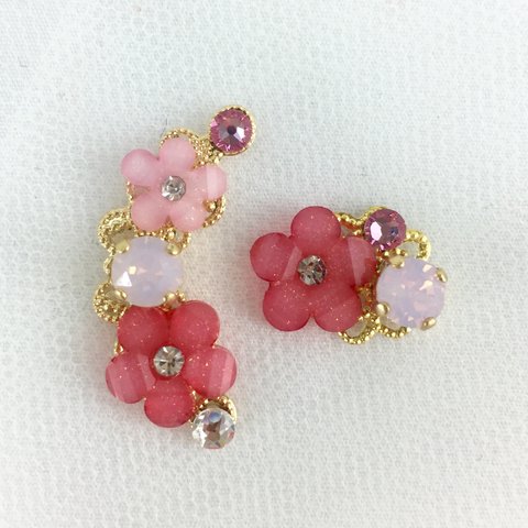 桃色花×桜色花 スワロフスキービジューイヤーカフ&イヤリングorピアス