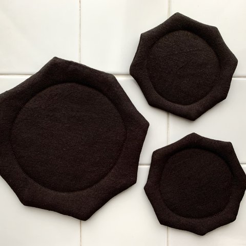 おうちカフェセットOctogonale Pot mat+ Coaster ベルギーリネン無地　ダークブラウン　オクトゴナル　八角形　テーブルマット　ランチョンマット　おやつマット　ディスプレイマット