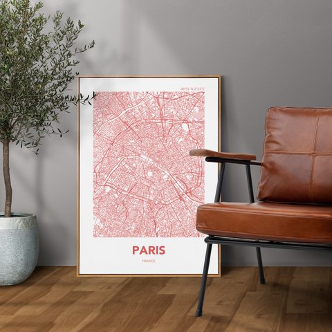 アートポスター MAP パリ フランス レッド 赤 L判 ハガキ 2L判 A4 A3 B3 A2 B2 アート モノトーン 地図 インテリアポスター【MAPRDA02】
