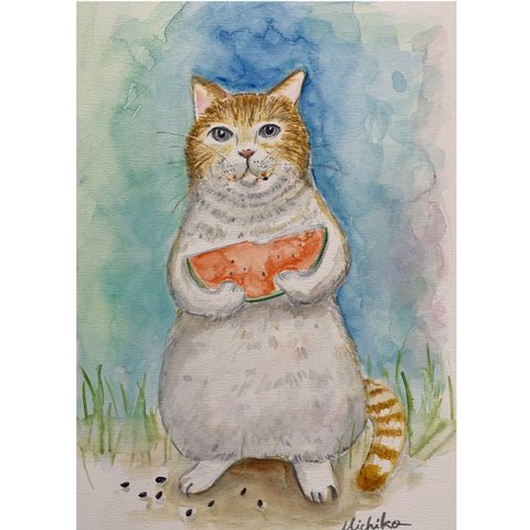 スイカを食べる猫。A4サイズ水彩画ボード。水彩画原画。この作品には額や紐、金具は付属していません。