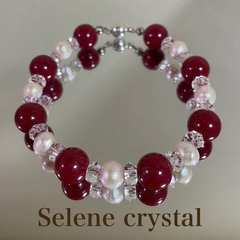 シナバー　淡水パール　水晶　ブレスレット　大人可愛い天然石ブレスレット　高品質　Selene crystal