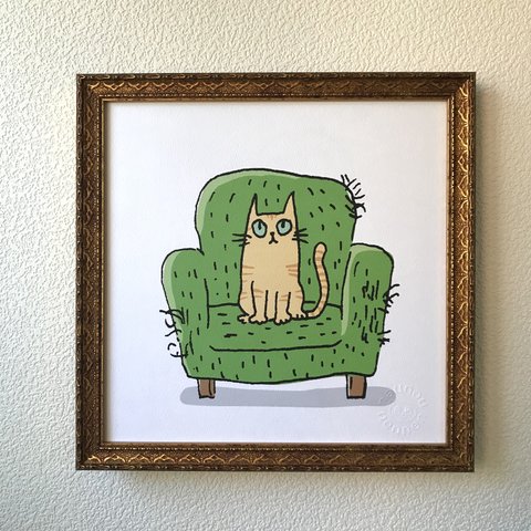 椅子と猫（お好きな毛色をお選びください）☆フレーム付き アートポスター☆アンティークゴールド☆２５cm角　正方形　