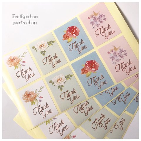 【再販】33㎜×45㎜ ラッピングシール❤︎サンキュー（flowers）❤︎ 使い切り4シート（32pcs）–349