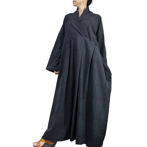ジョムトン手織り綿のロングドレス No.1 墨黒（DFS-053-01）