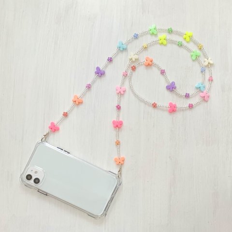 クリアケース 蝶々 ビーズ  スマホショルダー ストラップ お花 ショルダーストラップ 　縦横自由自在