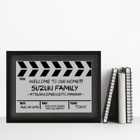 引越し祝いや結婚のお祝いに！お名前入りモノトーンポスター・ファミリーポスター#CLAPPERBOARD(A3) 