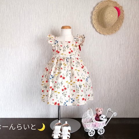 【一点物】【90cm】 ✿特別な日✿　ボタニカル花柄 袖フリル ワンピース（綿麻）