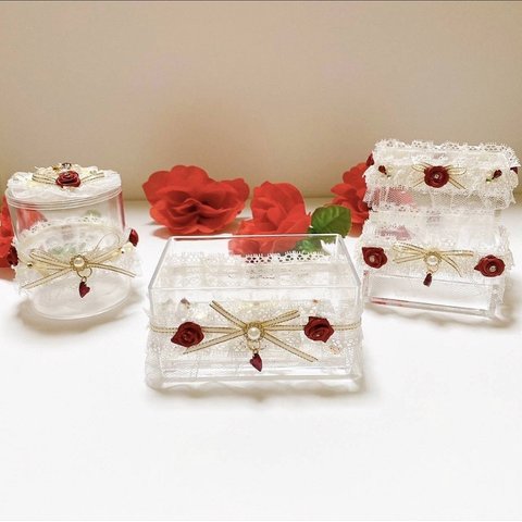 ティッシュケース＆マルチケース＆スタンドケース《ローズショートケーキ》　薔薇　アクリル　パール　レース　姫　プリンセス　ハート