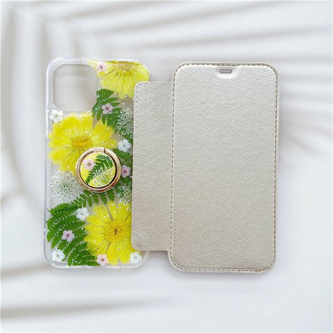 手帳タイプケース/スマホリング付き/iPhone12mini/iPhoneSE2/iPhone11/iPhoneX/iPhone8/iphone 全機種対応//押し花 スマホケース