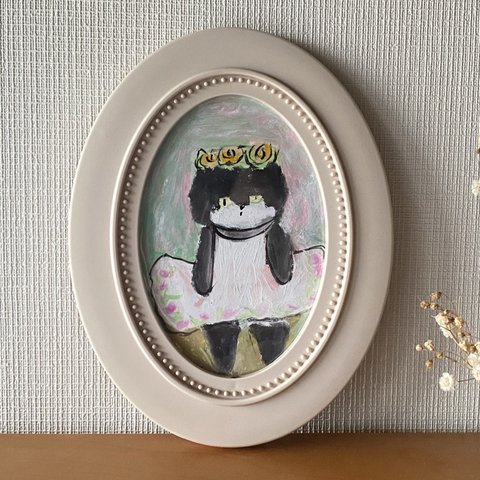 絵画。原画【美しい庭でスカートを着て踊る黒猫ちゃん】