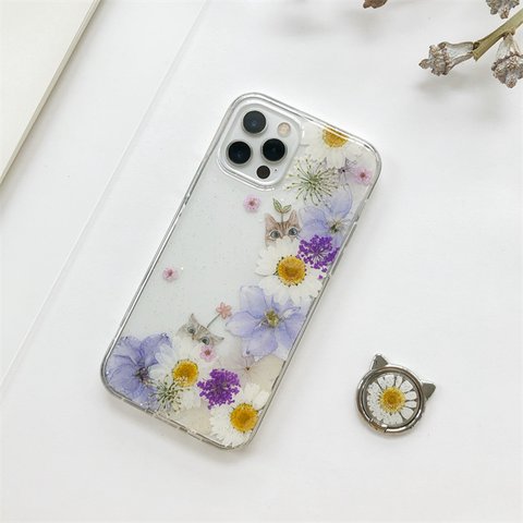 猫好きさん 押し花スマホケース イニシャル入れ iPhoneケース スマホリング iPhone13Pro 