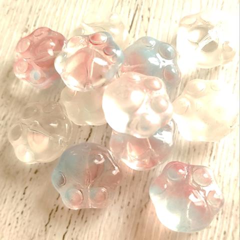 ビーズ 12個(2色×6個) 肉球 ネコ 足跡 ガラス ぷっくり クリア ピンク