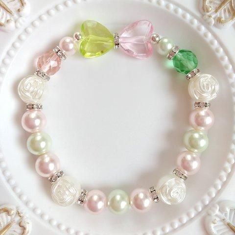 桜餅💖💚ハート リボン🎀パール ビーズ ブレスレット✨