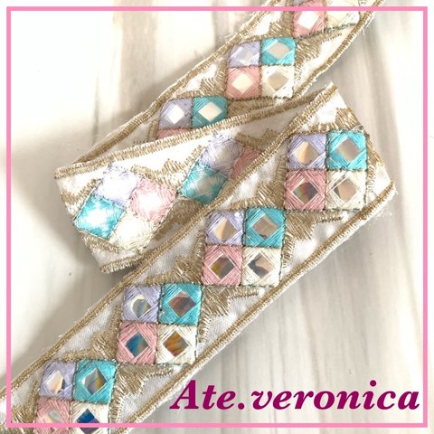 ピンクブルー★インド刺繍テープ　トリム　リボン ハンドメイド素材 手芸 ポーチ　Pink Blue★Indian Embroidery Tape Trim