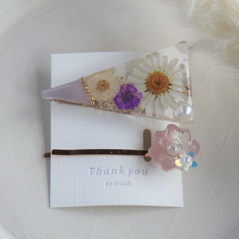 flower hair clip pink  お花の三角ヘアクリップセット 
