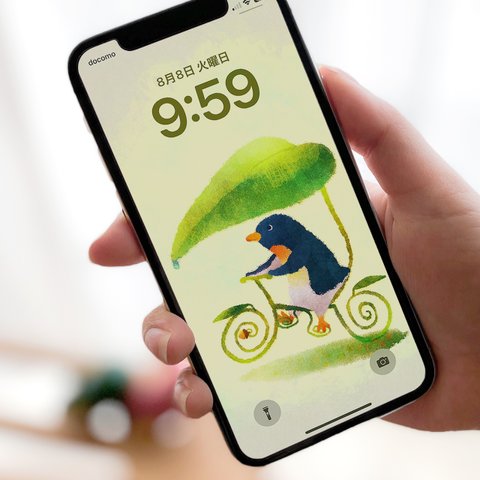 【スマホ壁紙/アイコン/ヘッダー3点セット】ペンギンシリーズ002 葉っぱの自転車