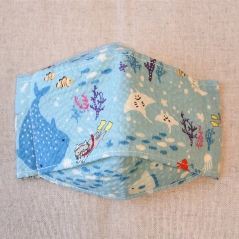 紐付き 子供用布マスク【立体/大臣/舟形】ナ：海の生き物と猫