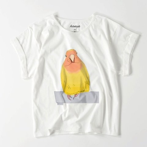 うたた寝するコザクラインコのトリーさん　インコ　イラスト　コザクラインコ　ルチノー　ゆるかわ　ロールアップ　オーバーサイズTシャツ