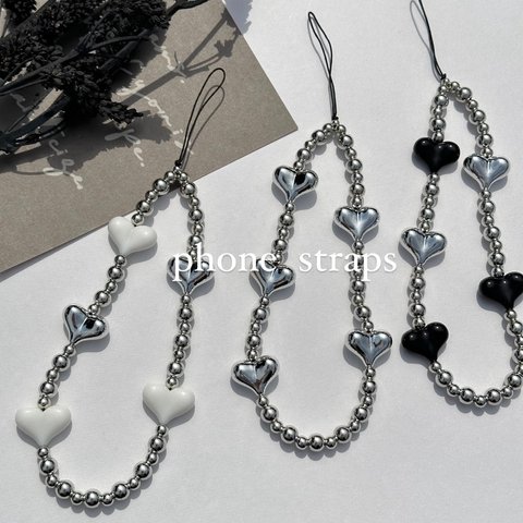 phone  strap ビーズストラップ　silver black 