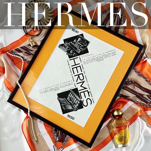 ＜1930 広告＞ HERMES エルメス   ポスター ヴィンテージ アートポスター フレーム付き インテリア モダン おしゃれ かわいい 壁掛け ポップ レトロ オレンジ モノクロ モノトーン