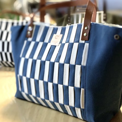 帆布を編み込んだ2WAYトートバッグ　Plaid tikkaat（ターコイズ）