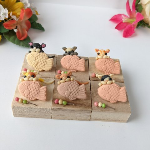 バラエティーセール猫人形 和菓子 たい焼き 愛猫 ねこ置物セット ミニチュア雑貨　粘土