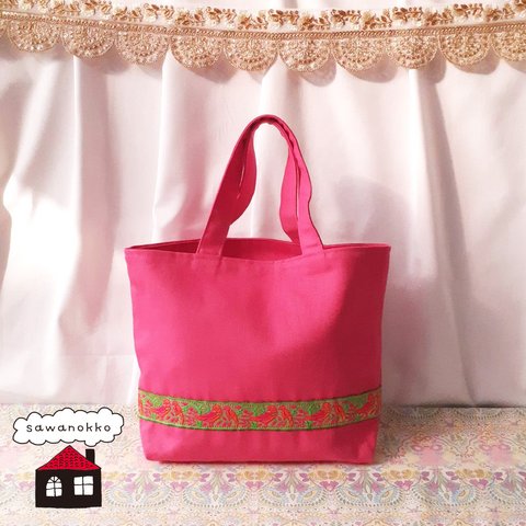 【ピンク】チロリアンテープ ミニトート ミニバッグ 鳥 派手 刺繍リボン ビビッド  mini tote bag  bird pattern  vivid color  embroidery