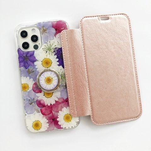  押し花 選べる5色 スマホリング付き 手帳型スマホケース iPhoneケース iPhone14Pro/13Pro/12Pro/SE/11Pro/XR/XS/8/7